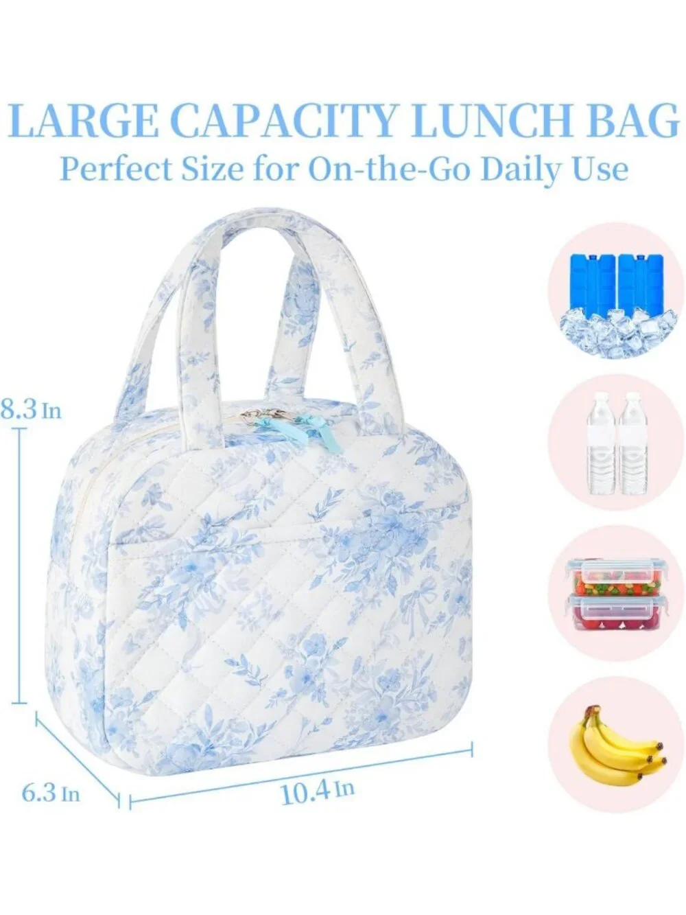 Cute Quilted Lunch Box for Women & Teens, Floral Design for Work, School, Travel